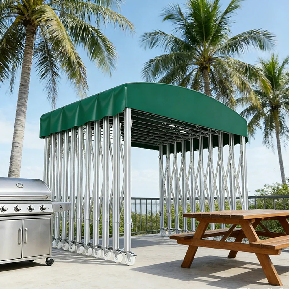 TREKKA Outdoor Retractable Canopy Tent - 5/7/8m Heavy-Duty Telescopic Frame with Lockable Wheels, Waterproof & UV-Resistant Fabric, Space-Saving Design - Green - Image 4