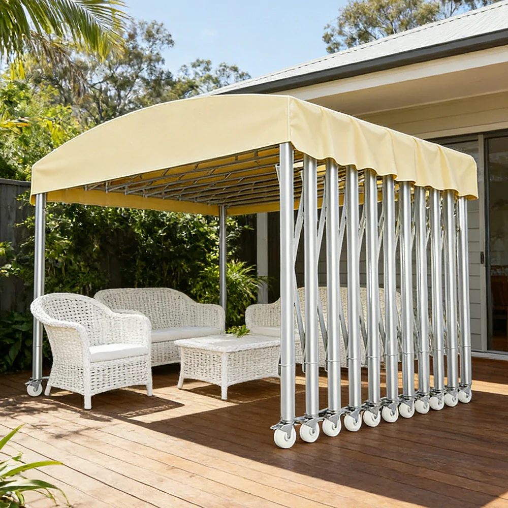 TREKKA Outdoor Retractable Canopy Tent - 5/7/8m Heavy-Duty Telescopic Frame with Lockable Wheels, Waterproof & UV-Resistant Fabric, Space-Saving Design - Beige - Image 2