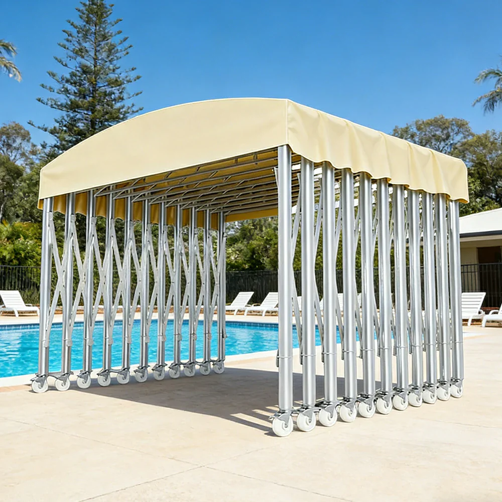 TREKKA Outdoor Retractable Canopy Tent - 5/7/8m Heavy-Duty Telescopic Frame with Lockable Wheels, Waterproof & UV-Resistant Fabric, Space-Saving Design - Beige - Image 4