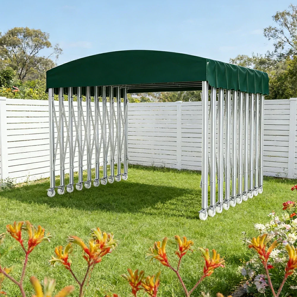 TREKKA Outdoor Retractable Canopy Tent - 5/7/8m Heavy-Duty Telescopic Frame with Lockable Wheels, Waterproof & UV-Resistant Fabric, Space-Saving Design - Dark Green - Image 2