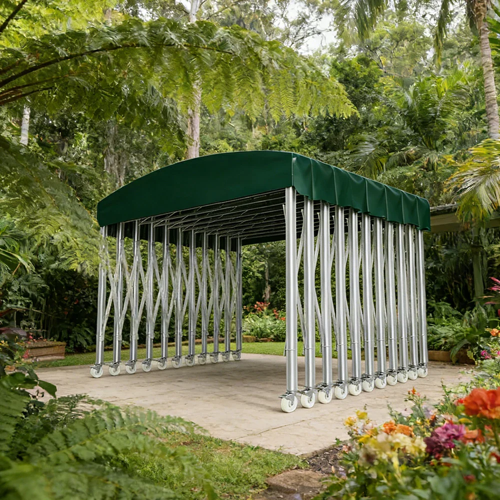 TREKKA Outdoor Retractable Canopy Tent - 5/7/8m Heavy-Duty Telescopic Frame with Lockable Wheels, Waterproof & UV-Resistant Fabric, Space-Saving Design - Dark Green - Image 4