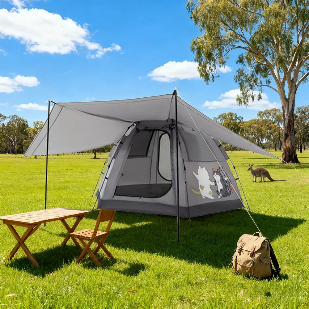 TREKKA Auto-Open Camping Tent with Extended Front Canopy - Fast Setup, Fiberglass Poles, Spacious 4-6 Person Shelter - Elephant Grey - Image 2