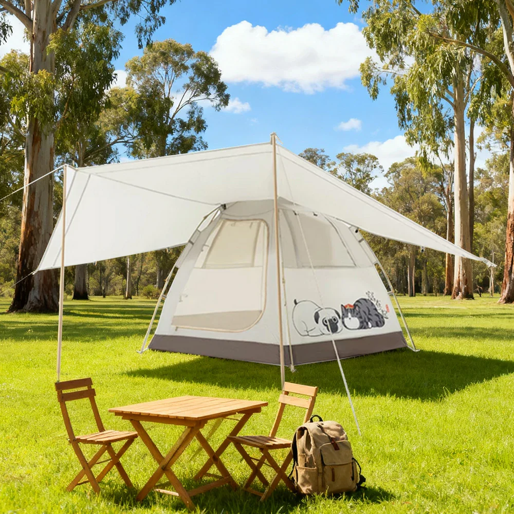 TREKKA Auto-Open Camping Tent with Extended Front Canopy - Fast Setup, Fiberglass Poles, Spacious 4-6 Person Shelter - Beige - Image 2
