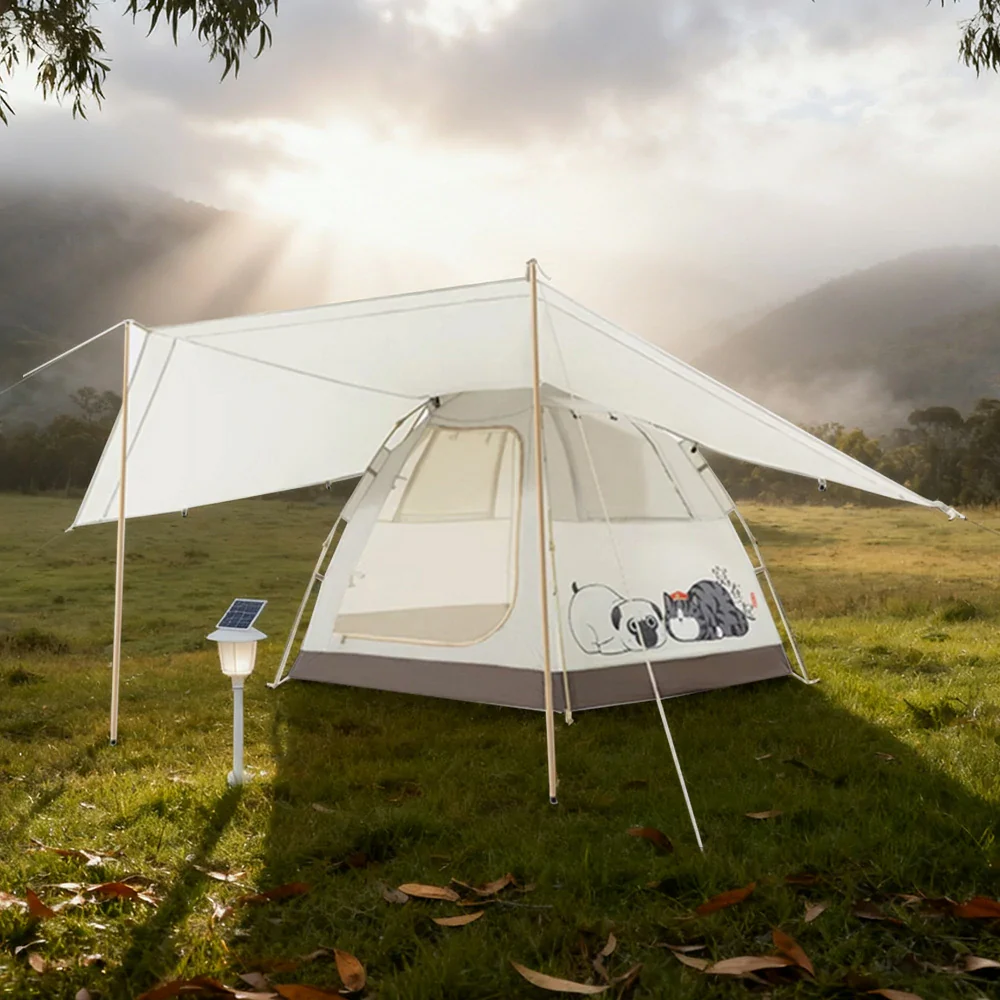 TREKKA Auto-Open Camping Tent with Extended Front Canopy - Fast Setup, Fiberglass Poles, Spacious 4-6 Person Shelter - Beige - Image 4
