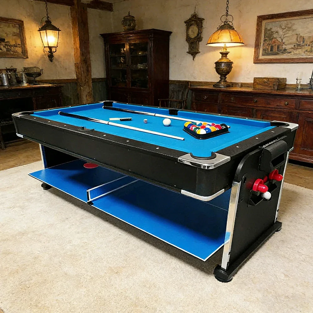 VERSA 4-IN-1 6FT Convertible Game Table - Air Hockey, Pool, Table Tennis & Dining, Space-Saving Black Frame, Free Accessories - Blue Felt - Image 3