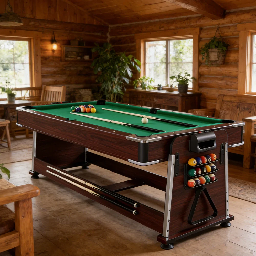 VERSA 4-IN-1 6FT Convertible Game Table - Air Hockey, Pool, Table Tennis & Dining, Space-Saving Brown Frame, Free Accessories - Green Felt - Image 4
