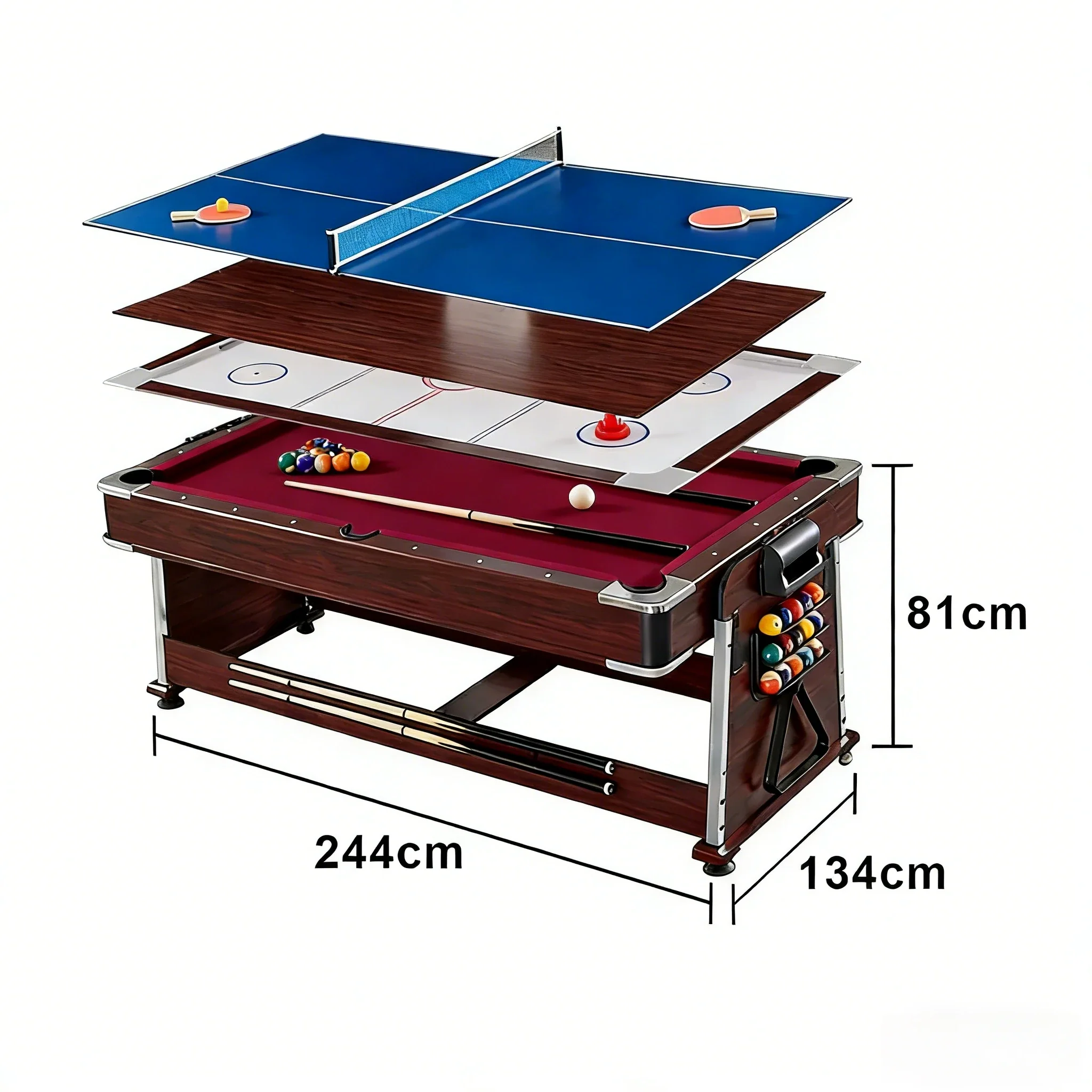 VERSA 4-IN-1 7/8FT Convertible Table with Brown Frame for Air Hockey, Pool Billiards, Dining, and Table Tennis with Free Accessories - Red Felt - Image 11