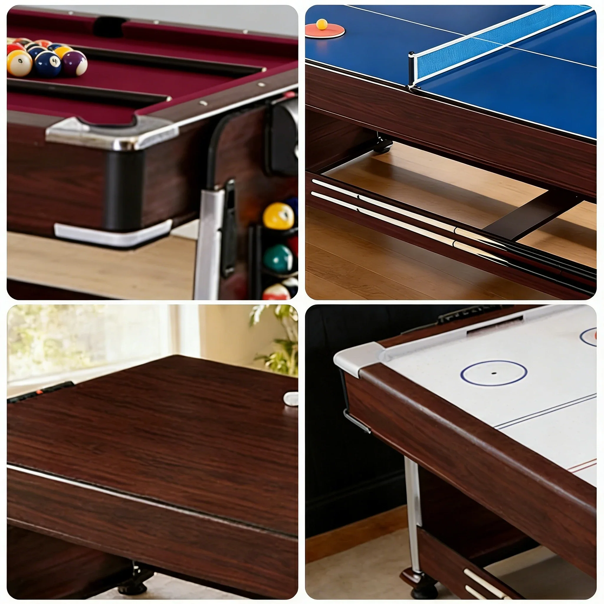 VERSA 4-IN-1 7/8FT Convertible Table with Brown Frame for Air Hockey, Pool Billiards, Dining, and Table Tennis with Free Accessories - Red Felt - Image 3