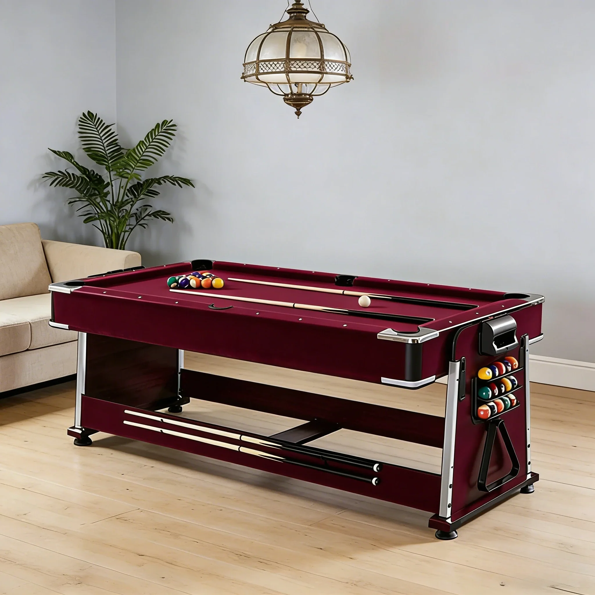 VERSA 4-IN-1 7/8FT Convertible Table with Brown Frame for Air Hockey, Pool Billiards, Dining, and Table Tennis with Free Accessories - Red Felt - Image 4