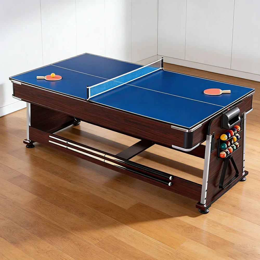VERSA 4-IN-1 7/8FT Convertible Table with Brown Frame for Air Hockey, Pool Billiards, Dining, and Table Tennis with Free Accessories - Red Felt - Image 6
