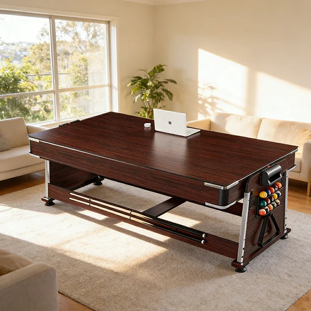 VERSA 4-IN-1 7/8FT Convertible Table with Brown Frame for Air Hockey, Pool Billiards, Dining, and Table Tennis with Free Accessories - Red Felt - Image 8