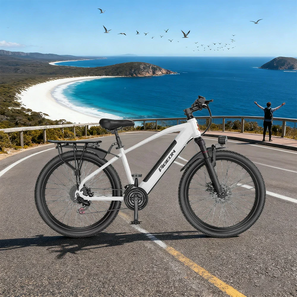 VOLTUS Electric Bike Carbon Alloy Frame Shimano 7-Speed 26-Inch Spoked Wheels with Dual Suspension and Removable Lithium Battery - White - Image 2