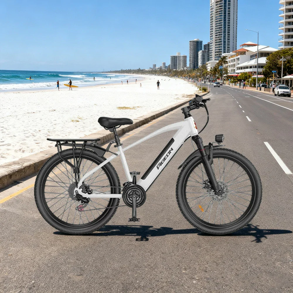 VOLTUS Electric Bike Carbon Alloy Frame Shimano 7-Speed 26-Inch Spoked Wheels with Dual Suspension and Removable Lithium Battery - White - Image 4