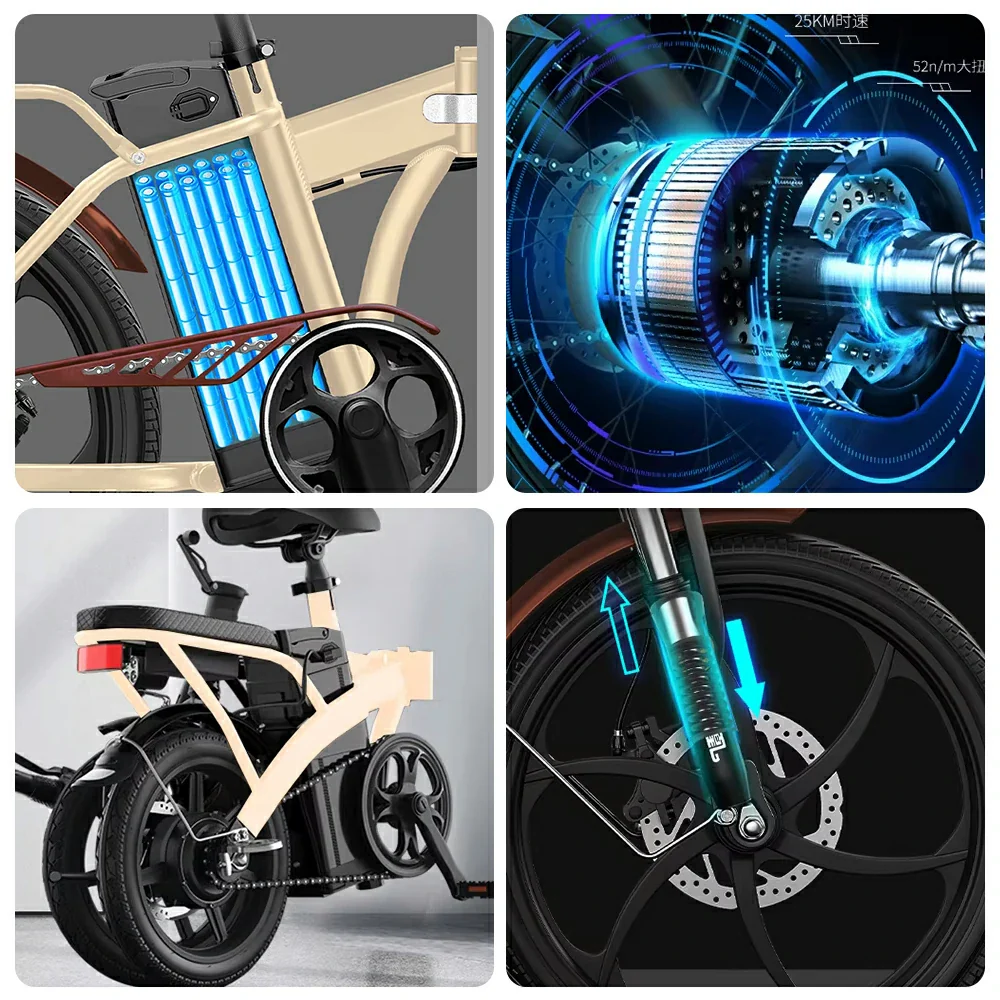 VOLTUS Electric Bike 48V 15/20AH Lithium Battery, High-Torque Motor, Dual Disc Brakes, Carbon Steel Frame, Quick-Fold Design, 20-Inch Spoke Wheels - Beige - Image 3