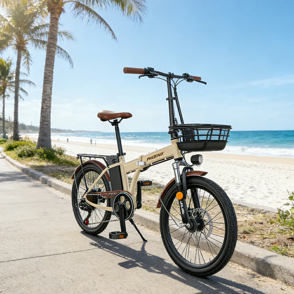 VOLTUS Electric Bike 48V 15/20AH Lithium Battery, High-Torque Motor, Dual Disc Brakes, Carbon Steel Frame, Quick-Fold Design, 20-Inch Spoke Wheels - Beige - Image 4