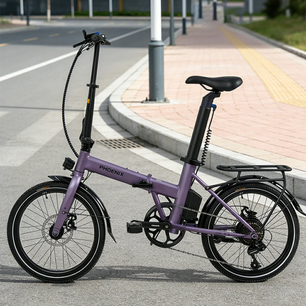 VOLTUS Electric Bike 36V 8/12AH 350W Motor, Shimano 7-Speed, High-Carbon Steel Frame, Removable Battery, LED Light, Foldable, 20-Inch Wheels - Purple - Image 4