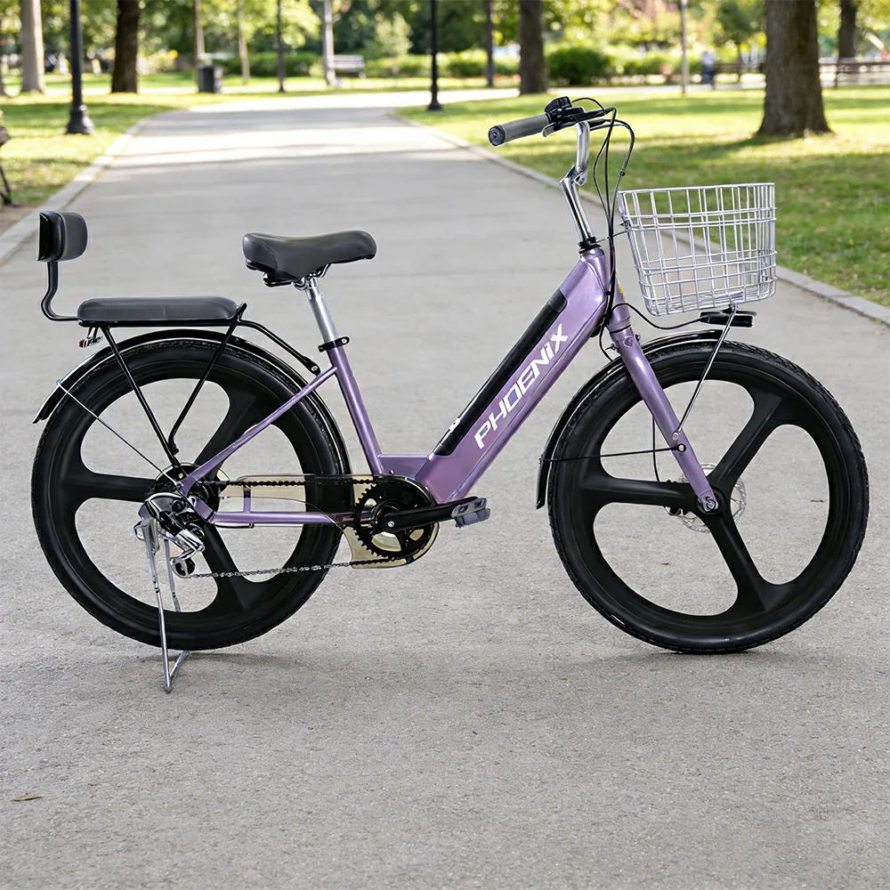 VOLTUS 26-Inch Electric Bike, 48V400W Motor, Shimano 7-Speed Gears, High Carbon Steel Frame, One-Piece Wheels, Removable Mid Battery with Rear Seat - Purple - Image 4