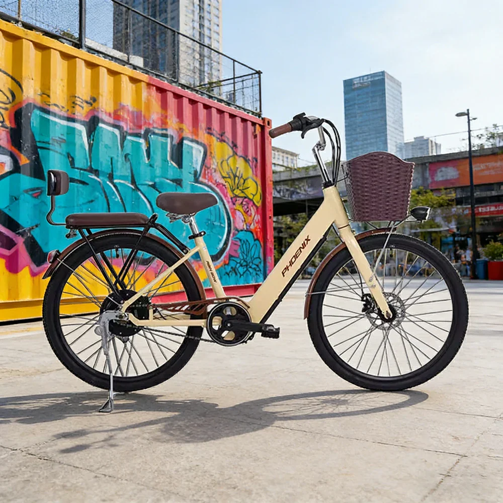 VOLTUS 26-Inch Electric Bike, 36V350W Motor, Dual Disc Brakes, High Carbon Steel Frame, Large Front Basket - Beige - Image 4