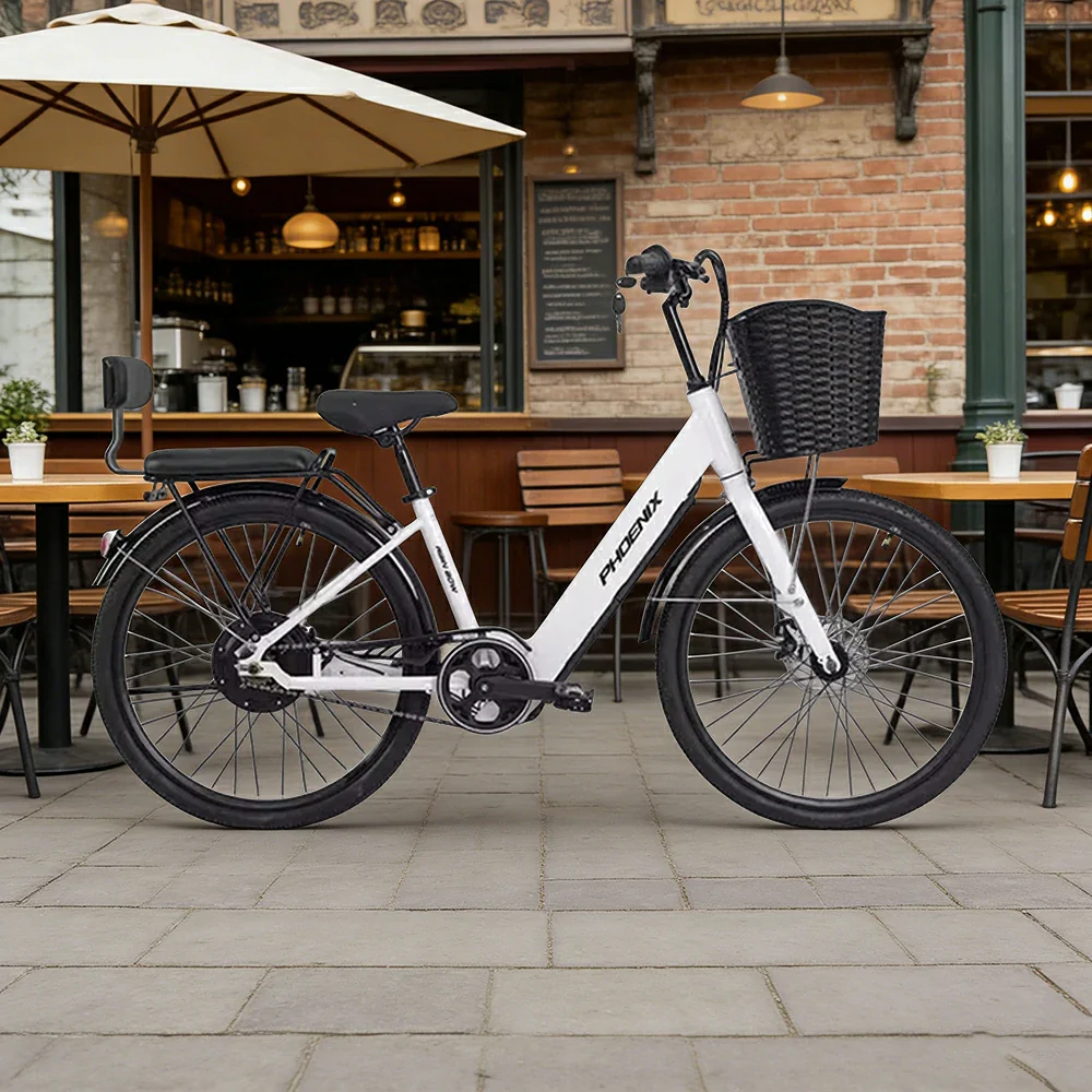 VOLTUS 26-Inch Electric Bike, 36V350W Motor, Dual Disc Brakes, High Carbon Steel Frame, Large Front Basket - White - Image 2