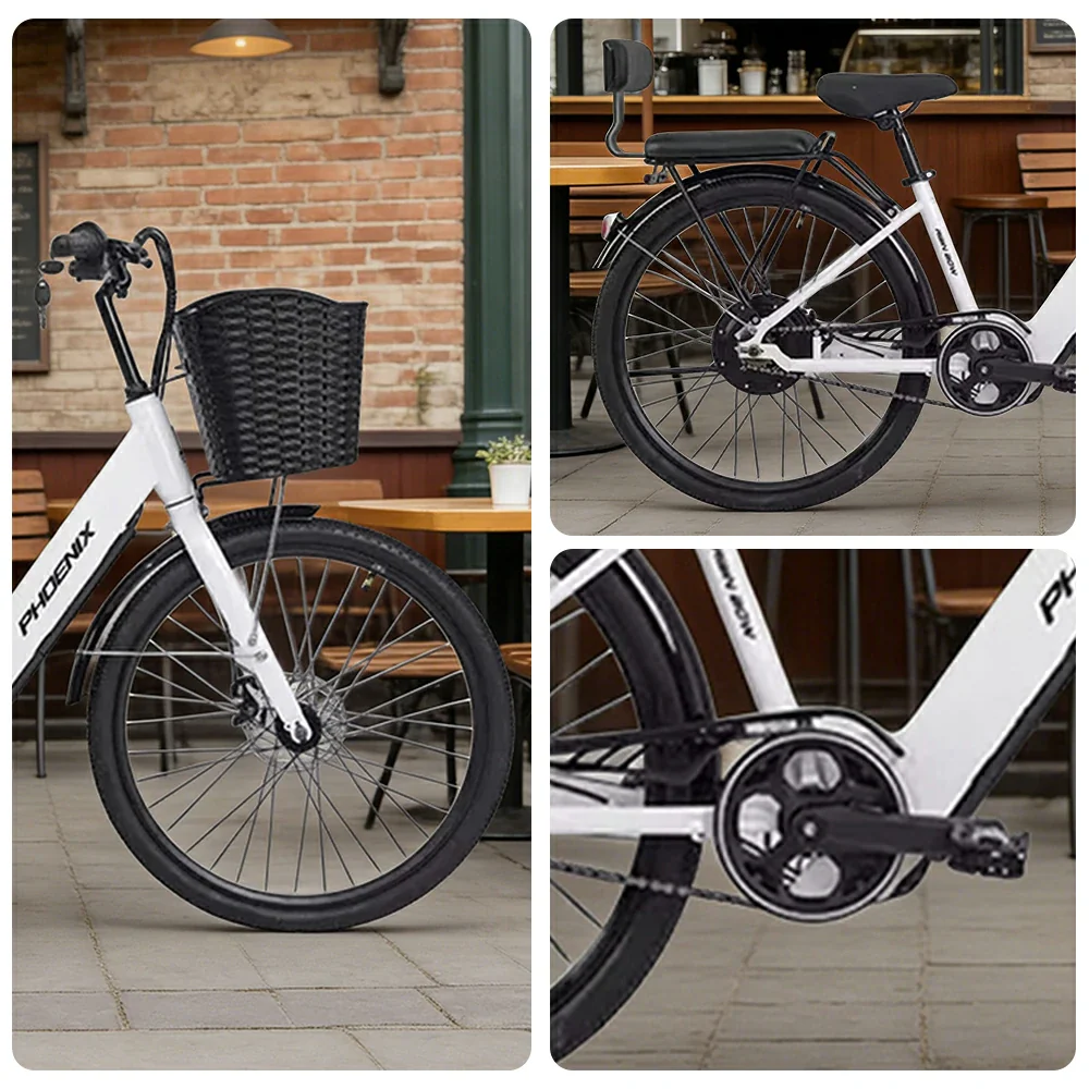VOLTUS 26-Inch Electric Bike, 36V350W Motor, Dual Disc Brakes, High Carbon Steel Frame, Large Front Basket - White - Image 3