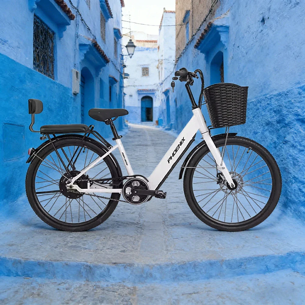 VOLTUS 26-Inch Electric Bike, 36V350W Motor, Dual Disc Brakes, High Carbon Steel Frame, Large Front Basket - White - Image 4