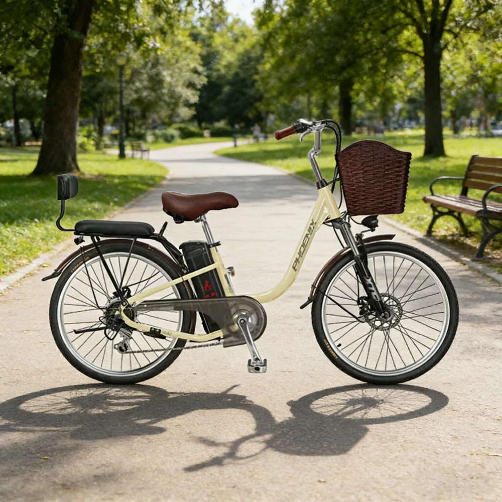 VOLTUS 26-Inch Electric Bike, 400W Brushless Motor, Shimano 7-Speed Gears, High Carbon Steel Frame, Removable 15/28AH Battery, Spoked Wheels - Beige - Image 4