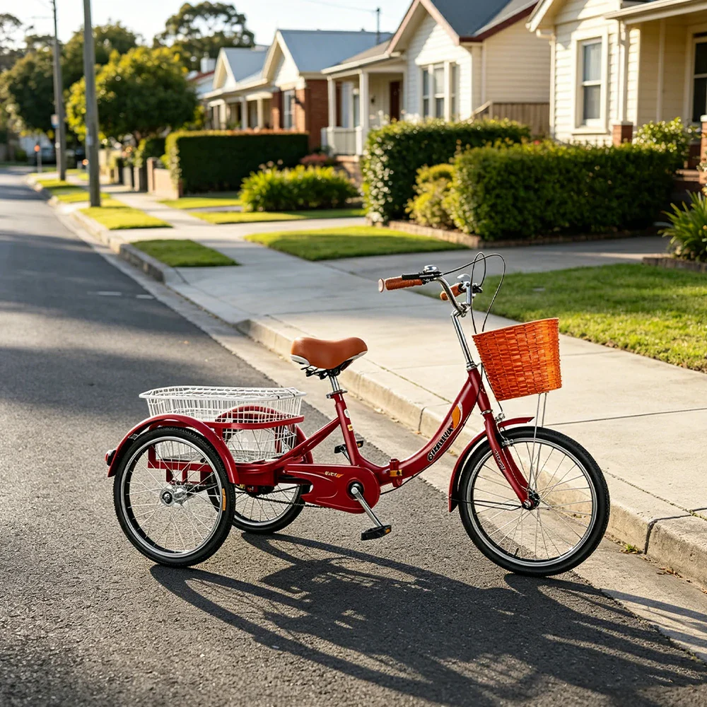 VOLTUS 20" Foldable Tricycle Dual Chain Drive High Carbon Steel Frame Large Basket Commuter for Shopping and Travel - Red - Image 2