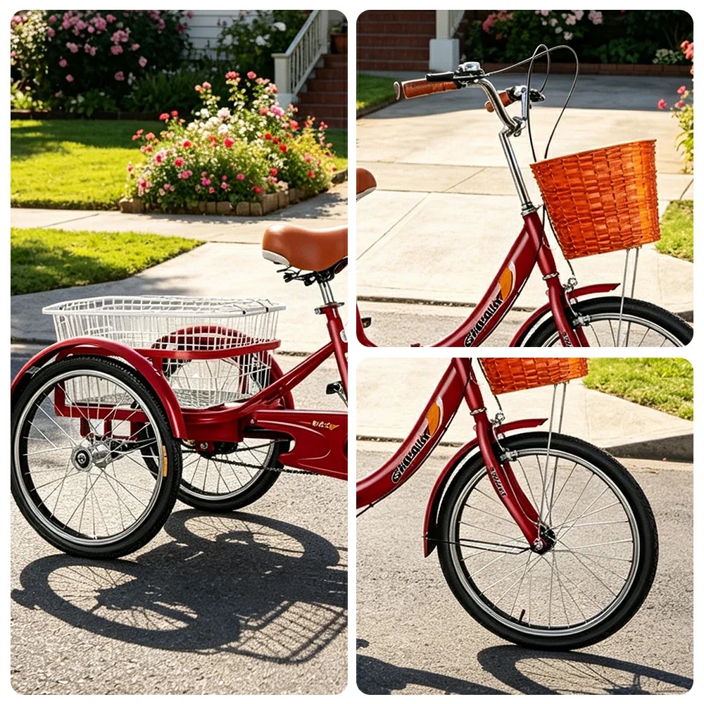 VOLTUS 20" Foldable Tricycle Dual Chain Drive High Carbon Steel Frame Large Basket Commuter for Shopping and Travel - Red - Image 3
