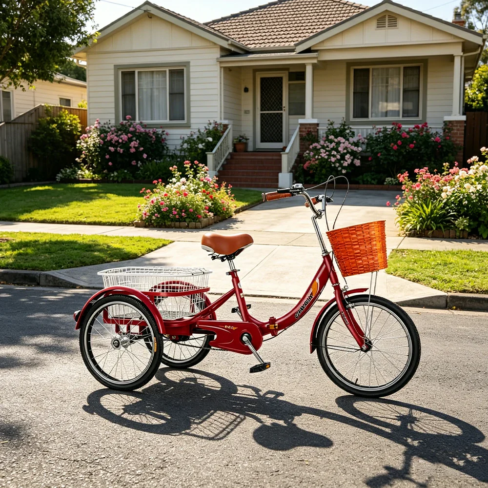 VOLTUS 20" Foldable Tricycle Dual Chain Drive High Carbon Steel Frame Large Basket Commuter for Shopping and Travel - Red - Image 4