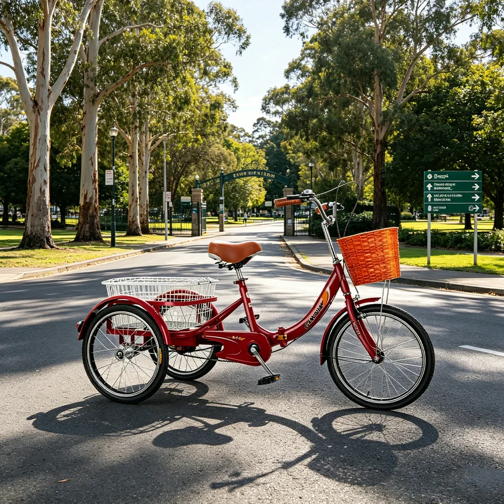 VOLTUS 20" Foldable Tricycle Dual Chain Drive High Carbon Steel Frame Large Basket Commuter for Shopping and Travel - Red - Image 5