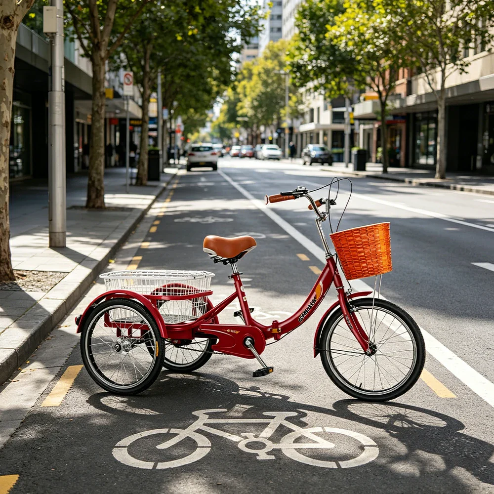 VOLTUS 20" Foldable Tricycle Dual Chain Drive High Carbon Steel Frame Large Basket Commuter for Shopping and Travel - Red - Image 6