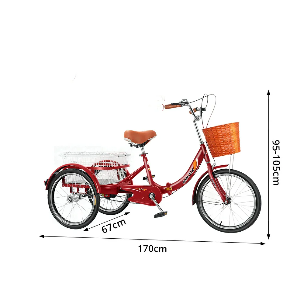 VOLTUS 20" Foldable Tricycle Dual Chain Drive High Carbon Steel Frame Large Basket Commuter for Shopping and Travel - Red - Image 8