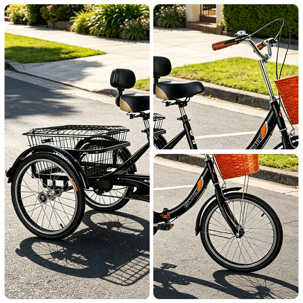VOLTUS 20" Foldable Tricycle Dual Chain Drive High Carbon Steel Frame Large Basket Commuter for Shopping and Travel - Black - Image 3