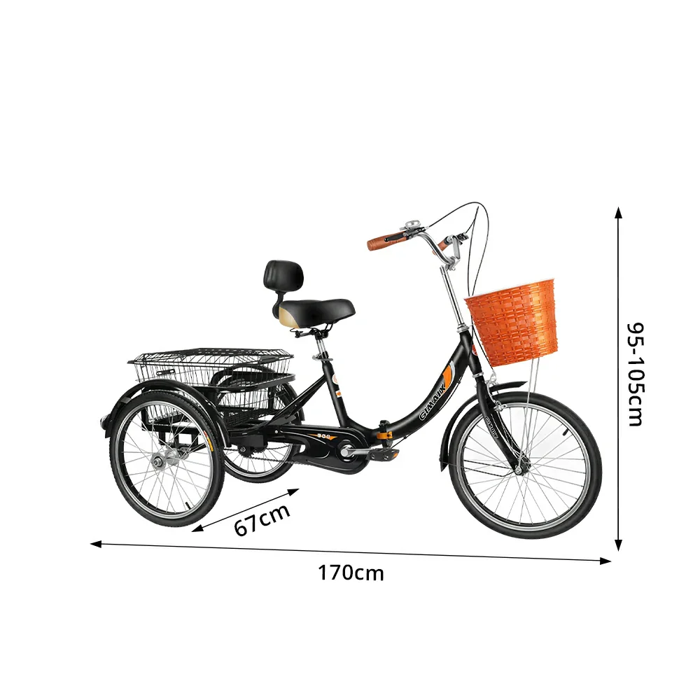 VOLTUS 20" Foldable Tricycle Dual Chain Drive High Carbon Steel Frame Large Basket Commuter for Shopping and Travel - Black - Image 8