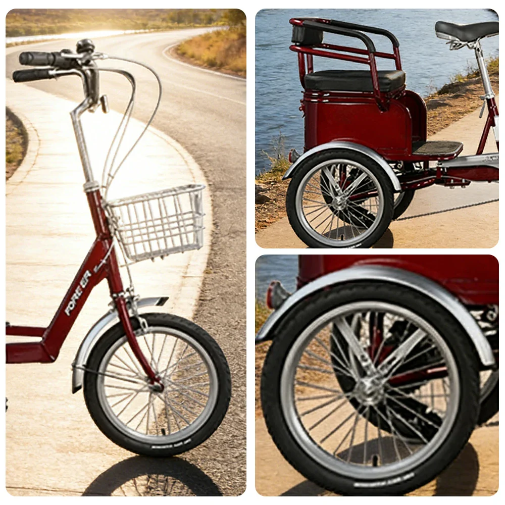 VOLTUS Tricycle, 7-Speed Shimano Drivetrain, Lightweight Aluminum Frame, Rear Baskets for Storage, Max Load 135kg - Red - Image 3