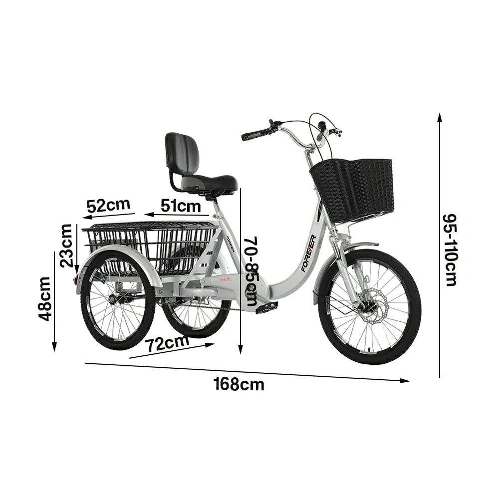 VOLTUS Tricycle High-Strength Steel Frame 135kg Max Load Shimano 6-Speed Adjustable Saddle Large Rear Basket - Silver - Image 5