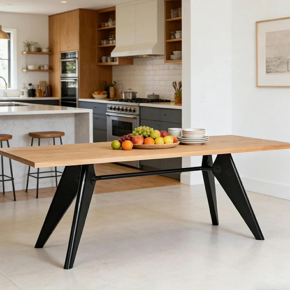 LUXORA 140/160cm New Zealand Pine Solid Wood Dining Table - Nordic Bauhaus Design, Thick Wood Top, Stable Metal Legs for Dining & Work Spaces - Natural & Black - Image 2
